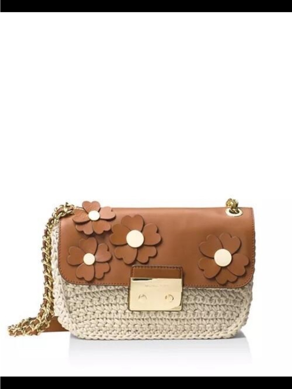 Michael Kors Brown Leather Floral Flap with Cream Crochet Shoulder Bag